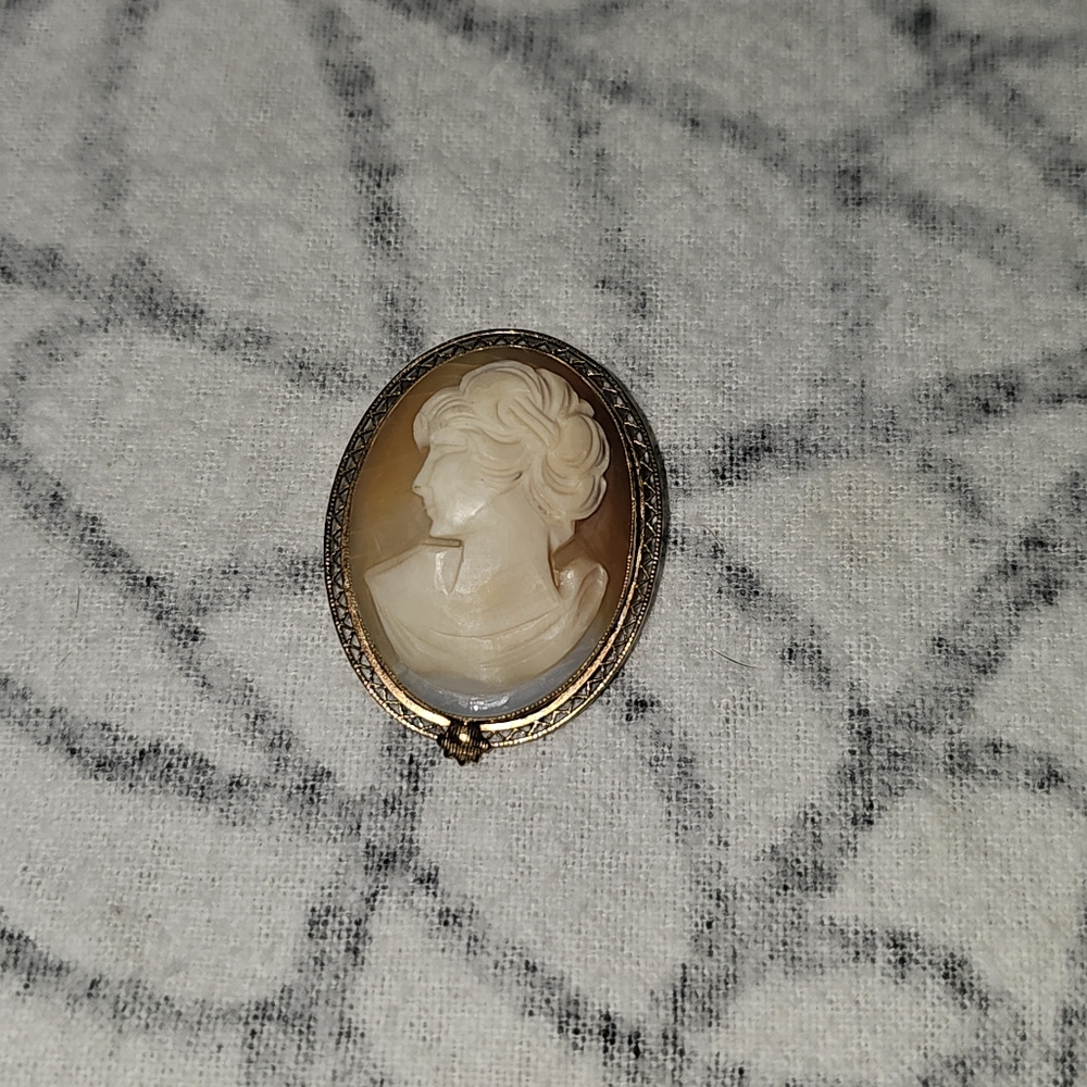 Vintage AMCO Cameo Brooch Pendant Carved Shell Victorian Lady 14k Gold Filled GF